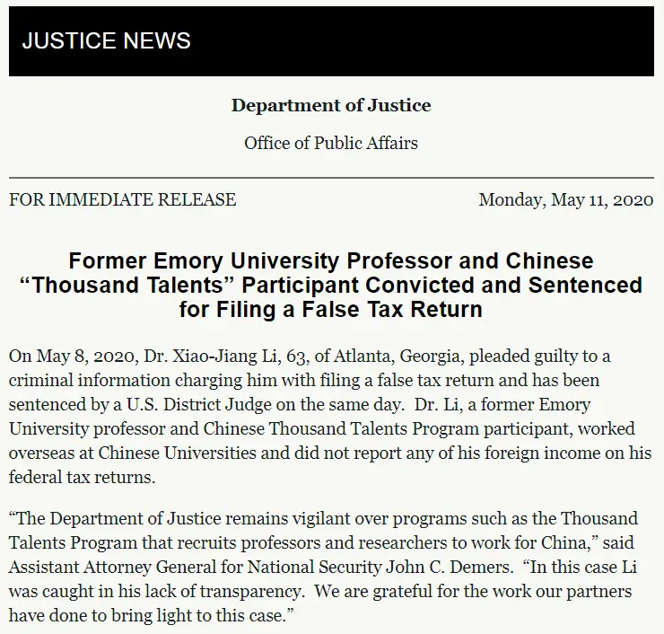 DOJ press release regarding Prof. Xiao-Jiang Li