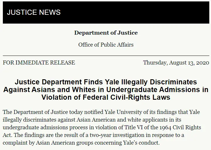 DOJ Statement on Yale